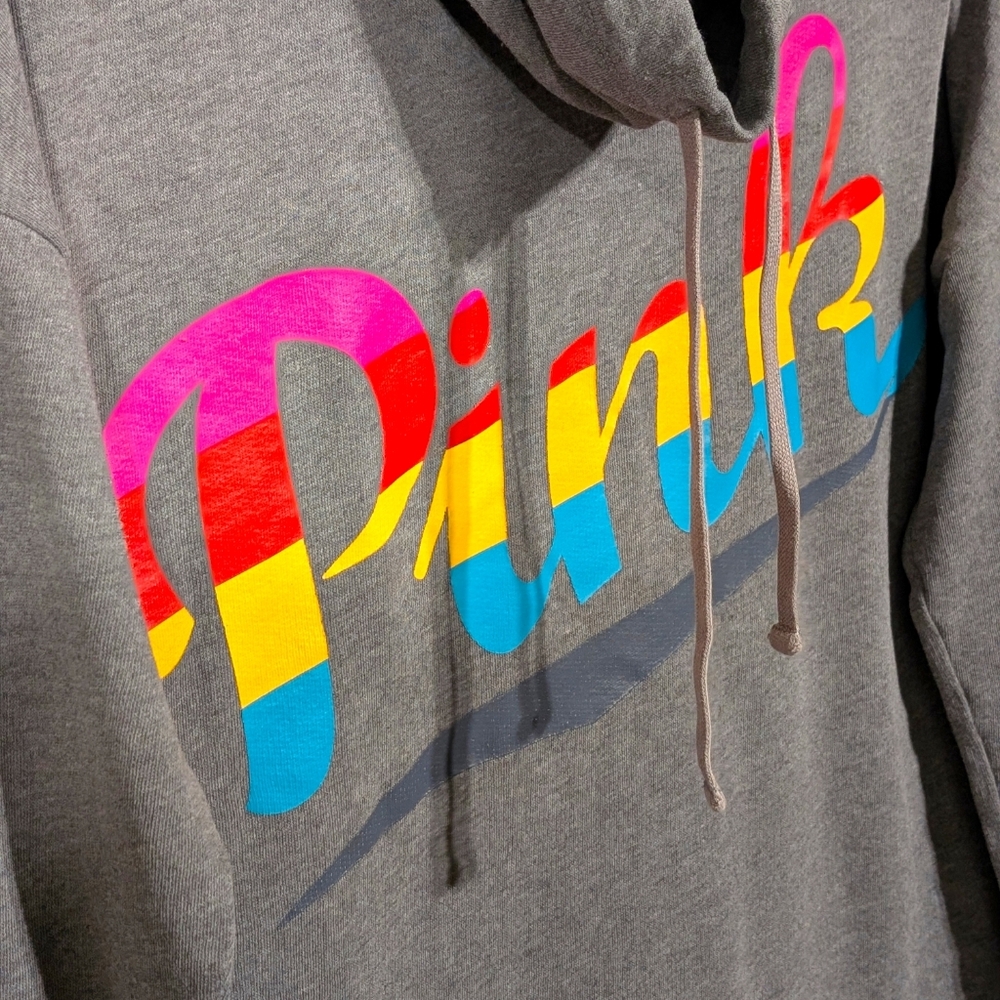 π Vintage Victoria's Secret PINK Cowl Neck Rainbow Logo Sweatshirt Sz S Grayπ - Picture 3 of 7